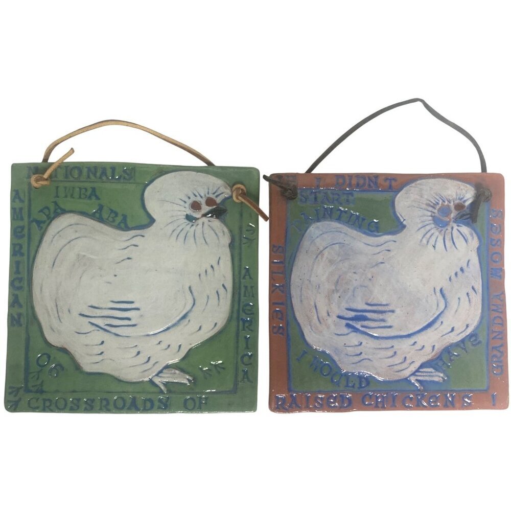 Silkies Chicken Art Ceramic Tile Set of 2 Hen Wall Plaque 6x6 Signed